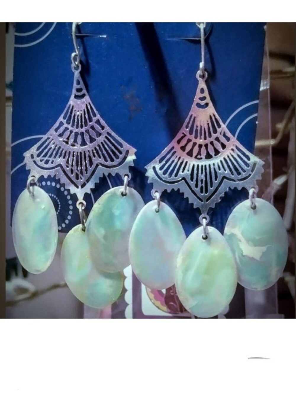 Aqua Shell Beads Dangling Pierced Earrings New on Card